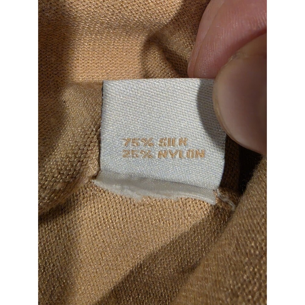 Bogari Silk Blend Cardigan Sweater Small Tan Rosette Tie Neck Button Front - Picture 9 of 10